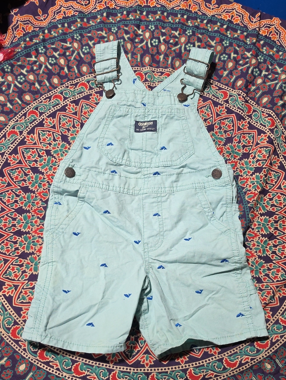 OshKosh B'gosh Mint Green Short Overalls with Blue Whale Embroidery
